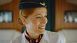 © Videophilia - Smiling female flight attendant in classic blue uniform with scarf and hat, looking away while standing in an airplane cabin, projecting friendly professional service and elegance