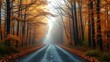 © Haru - A misty autumn forest road lined with golden leaves, capturing the essence of seasonal change.