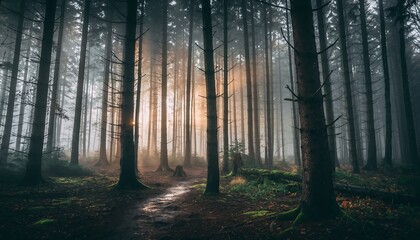  A misty forest path illuminated by soft sunlight filtering through the trees.