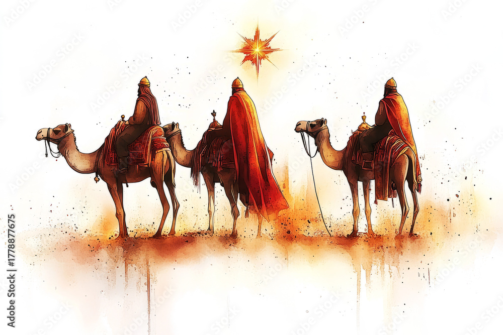 Three wise men riding camels, watercolor style Stock Illustration ...