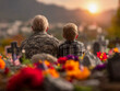 © Vinona_Forever - Veteran and Boy at Cemetery, Flowers and Sunset, Veterans Day Reflection