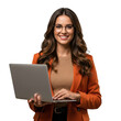 © Man PNG - Smiling woman in orange jacket holding laptop isolated on transparent background