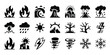 © Md - High-quality vector of 20 black-and-white minimalist silhouette icons of natural disasters and extreme weather, aligned grid, clean geometric shapes, modern, bold.