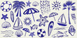 © Tasnim - Collection of hand drawn blue summer beach vacation icons and elements on a light background