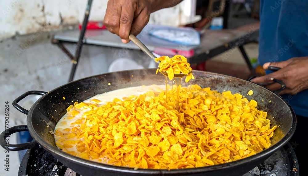 Cooking cereal hand stirs bright-yellow flakes in large, shallow pan ...