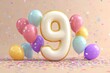 © Jee Pong - Colorful Number Nine Balloon Display with Party Decorations and Confetti
