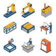 © khalidastockworks - Isometric view of industrial automation elements including robots, workers and storage units shown