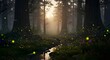 © Tanveer - Enchanting forest scene with fireflies glowing near a serene stream at twilight hour creating magic
