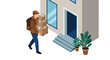 © Ophelia - Delivery person in uniform carrying packages to modern doorstep in isometric style