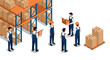 © Ophelia - Warehouse team meeting with workers in isometric style discussing logistics and inventory management