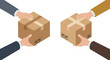 © Ophelia - Isometric hands exchanging cardboard boxes on white background