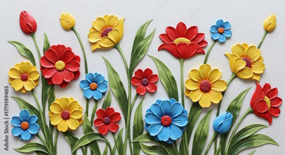 Bright colorful Flowers in 3D Mural Relief on White Background. 3D Wall ...