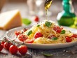 © Dream Stock - Delicious spaghetti with cherry tomatoes and basil, drizzled with olive oil