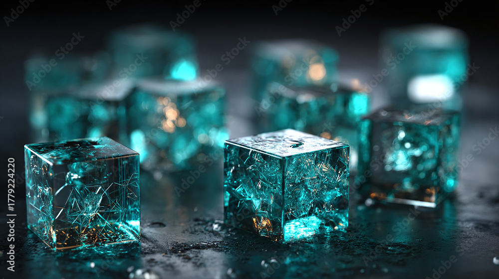 A close-up shot of several ice cubes, illuminated with blue light, on a ...