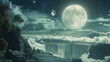 © Raul - Waterfall plunges off rocky cliffs into clouds under moonlight with distant planets and starry skies, creating a surreal vista.