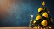 © Wool World - Festive Christmas tree uniquely adorned with yellow construction hard hats, symbolizing a blend of industry and holiday cheer against a sparkling blue background