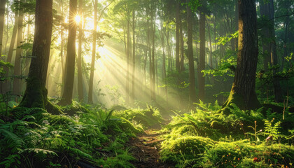  Lush green forest with sunlight streaming through tall trees creating beautiful beams of light in nature