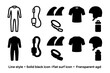 © Olha - Minimal Surf Gear Icons. Linear minimalistic surf gear icon: wetsuit, leash, fins, rash guard, helmet, water bottle with smooth
