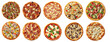 © foto Art - Top view assorted Italian pizzas with cheese vegetables meat and seafood toppings isolated on transparent background for food design and menu use