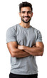© panophotograph - Confident Casual Man Smiling man in grey T-shirt, well-groomed hair, facing camera with relaxed posture, neutral lighting on white backdrop.
