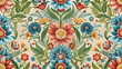 © nusyer - Bavarian folk floral pattern, European Western botanical ornament, colorful seamless flowers and leaves on cream background, vintage decorative vector for wallpaper fabric wrapping and surface design