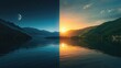 © Dream Studio - A captivating split view of a serene lake at night and a vibrant sunrise over mountains