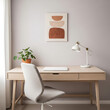 © Digital - Minimalist Home Office Setup with Desk Chair Laptop Lamp and Artwork Simple Modern Workspace for Remote Work and Online Learning Productivity