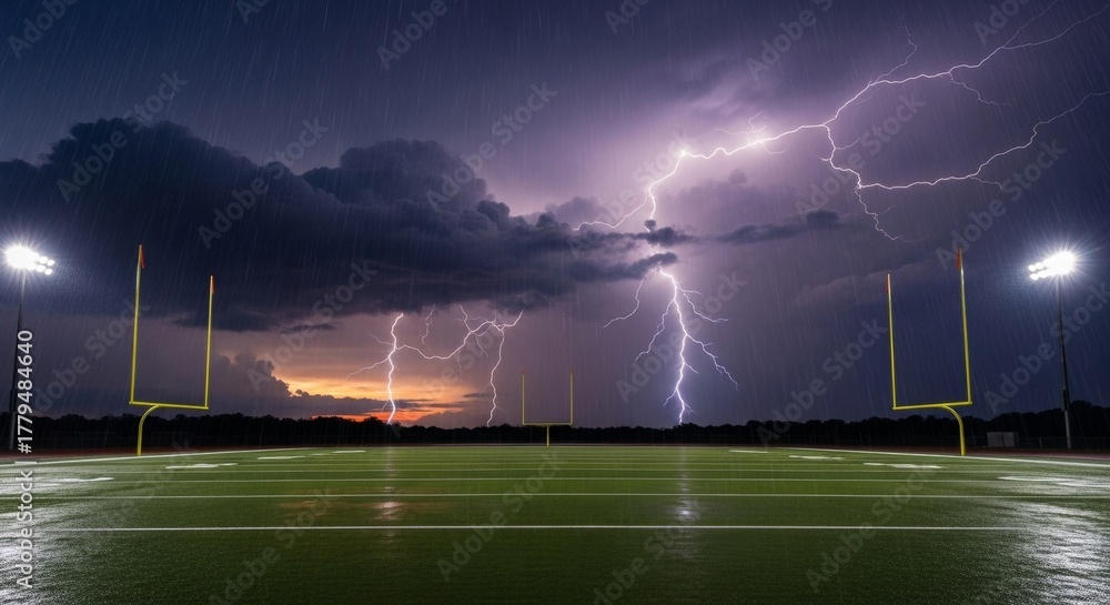 Dramatic lightning strikes over a football field during a powerful ...