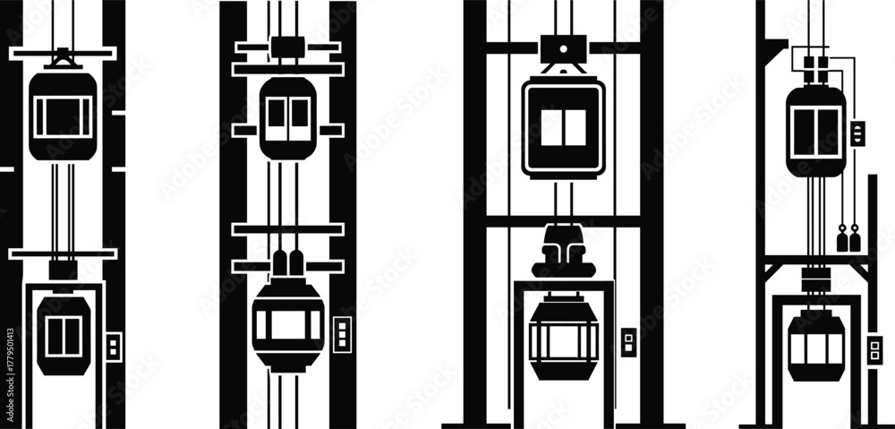 Elevator system illustration, shaft design comparison, pulley mechanism ...
