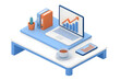 © antusher - Isometric office desk setup with laptop showing growth chart for business presentation
