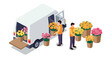 © Ophelia - Delivery service with florists unloading colorful bouquets from vehicle