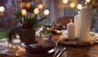 © gudrun - Elegant table decoration for a christmas dinner. Romantic dinner concept with burning candles in the evening at a restaurant. Close-up with golden bokeh lights. Background for seasonal an holiday gast