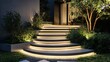 © Usama - Modern illuminated staircase leads to elegant home entrance surrounded by lush landscape at twilight