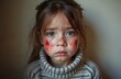 © miss irine - Little girl with scraped face and sad eyes wears striped sweater. She has red abrasions on cheeks and forehead from an accident or fall. The child looks into camera.