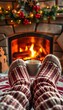 © nuntalee - Cozy feet in thick wool socks, warming by a crackling Christmas fireplace with a steaming mug,  warm,  comfort food
