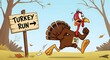 © MST - Cartoon turkey running from turkey run sign with help me sign and scared expression