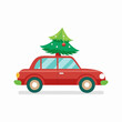 © Elena - New Year's car: a red car with a Christmas tree – a winter festive mood