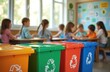 © miss irine - Colorful recycle bins stand ready for waste sorting in bright school classroom. Young diverse students actively learn eco education, sustainability concepts, environmental responsibility. Kids