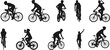 © redoan - Silhouettes of cyclists riding bikes in various poses on a white background. Perfect for sports design, cycling posters, and fitness concepts. Dynamic vector illustration motion and energy