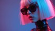 © miss irine - Stylish blonde woman wears large studded sunglasses. Short blonde hair glows with neon pink, blue light. Poses in shiny black high-neck top. Modern fashion art portrait in cyberpunk style. Vibrant