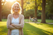 © miss irine - Elderly woman smiles confidently in park during sunny day. Her arms are crossed, and she radiates happiness. Bicycle is blurred in background, suggesting outdoor activity and healthy lifestyle.