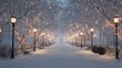© Johannes - snowy path lined with trees decorated with lights and street lamps in a winter wonderland scene