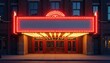 © Viktor - Empty theater marquee glows with red neon, yellow lights at night. Classic cinema entrance features red doors, a brick building facade. This urban scene is ready for event or movie title promotion.