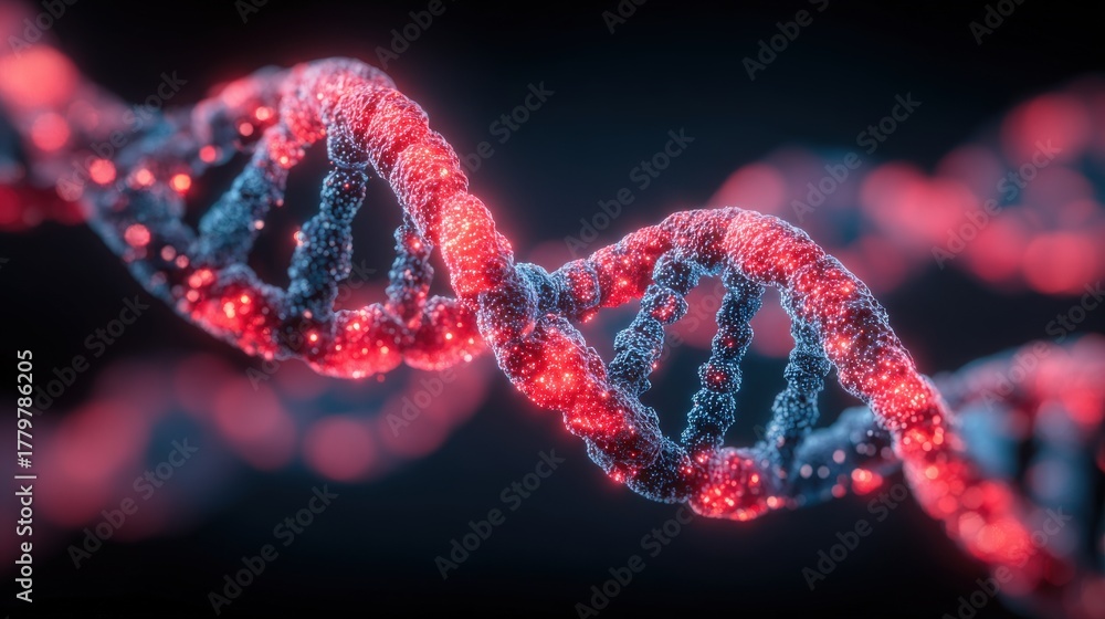 This display highlights a detailed model of a DNA double helix, showcasing vibrant red and blue colors. The strands twist elegantly, representing the intricate nature of genetic material.