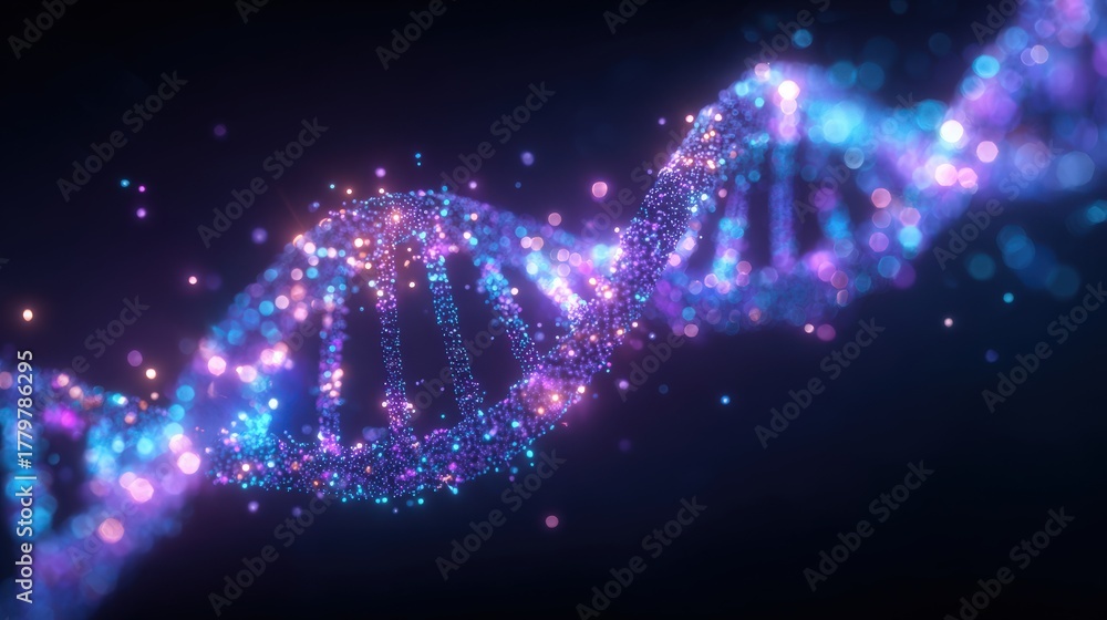 A vibrant digital artwork showcases the DNA double helix, swirling with bright, glowing particles.