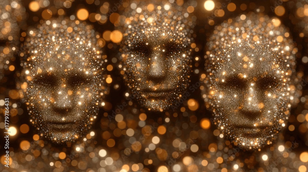 Three human-like faces are covered in gold sparkles, creating a dreamy, abstract effect. The background features a soft blur of golden orbs, enhancing the mystical ambiance of the scene.