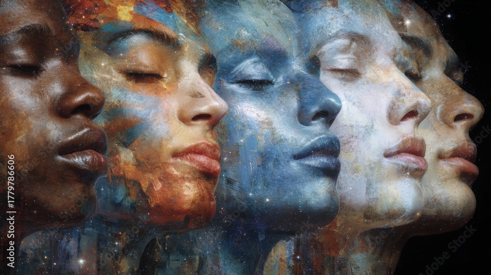 Five faces of young people showcase diverse ethnic backgrounds blending with colorful cosmic patterns.