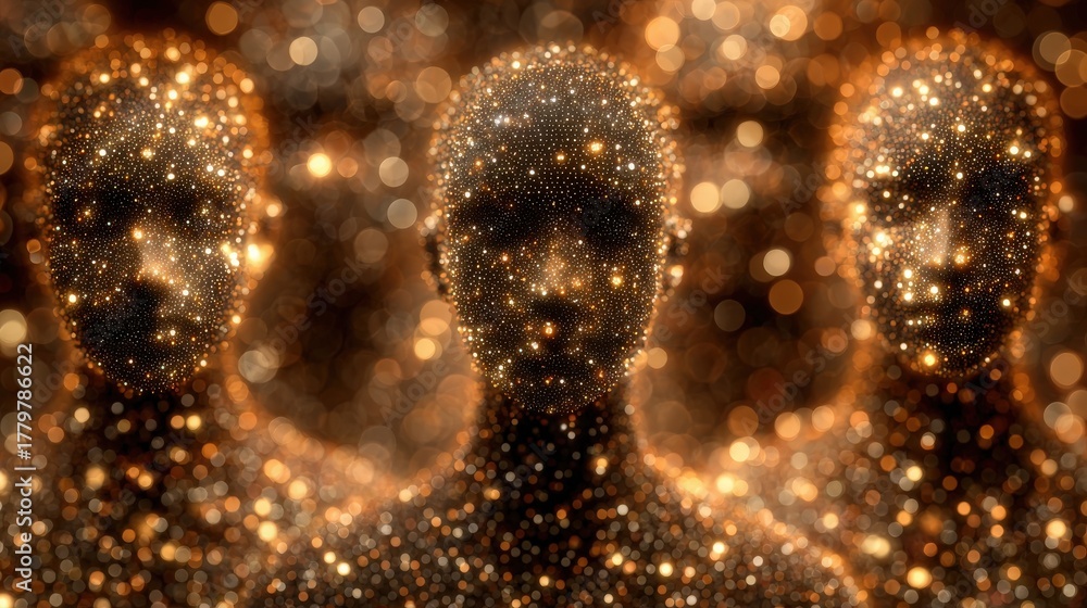 Three mysterious figures are formed from sparkling stars and glowing lights, set against a vibrant cosmic background. They exude a sense of wonder and intrigue, captivating the viewer.