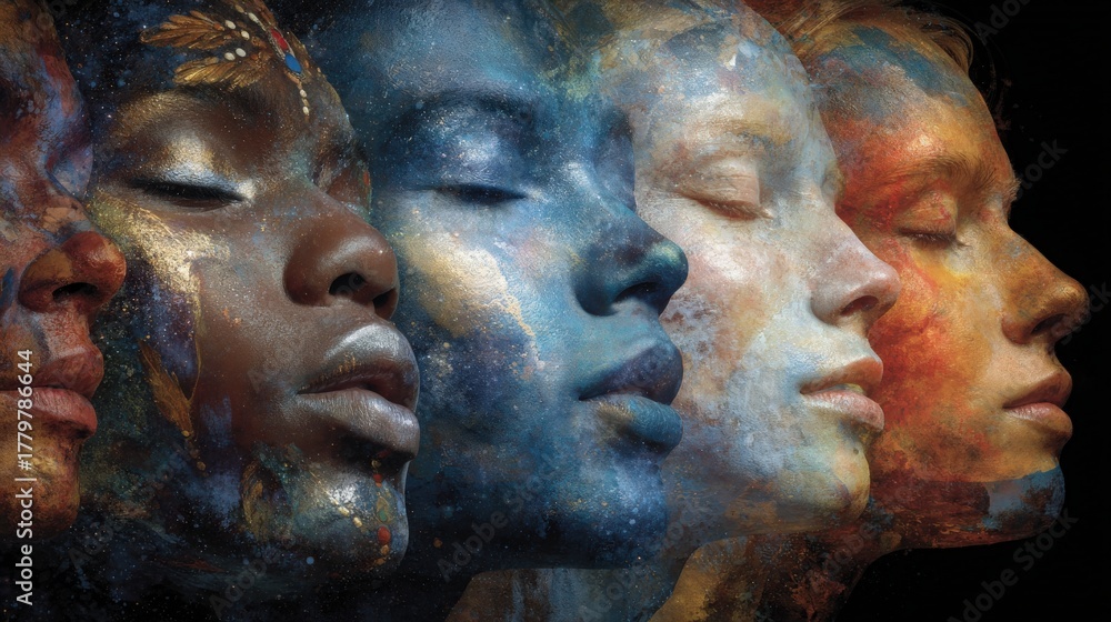 Five individuals showcase vibrant body art, blending colors and patterns that reflect their unique cultural identities.