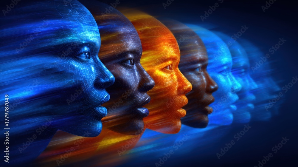 Various faces display a blend of colors symbolizing emotions and human connection to technology. The artwork captures a dynamic transition from blue to orange and back, showcasing versatility.